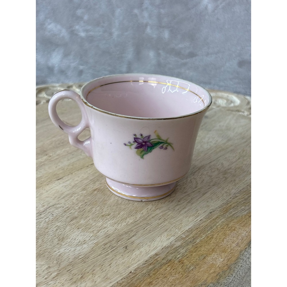Vintage Pink Porcelain Teacup Purple Violets Gold Trim Footed Floral Tea Cup